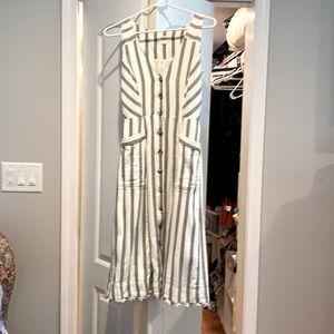 Maeve dress by Anthropologie. Creamy white with gray stripes.